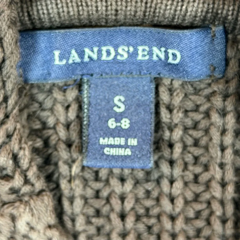 Lands End Cardigan Womens S 6-8 Toggle Hooded Brown Cable Knit EUC